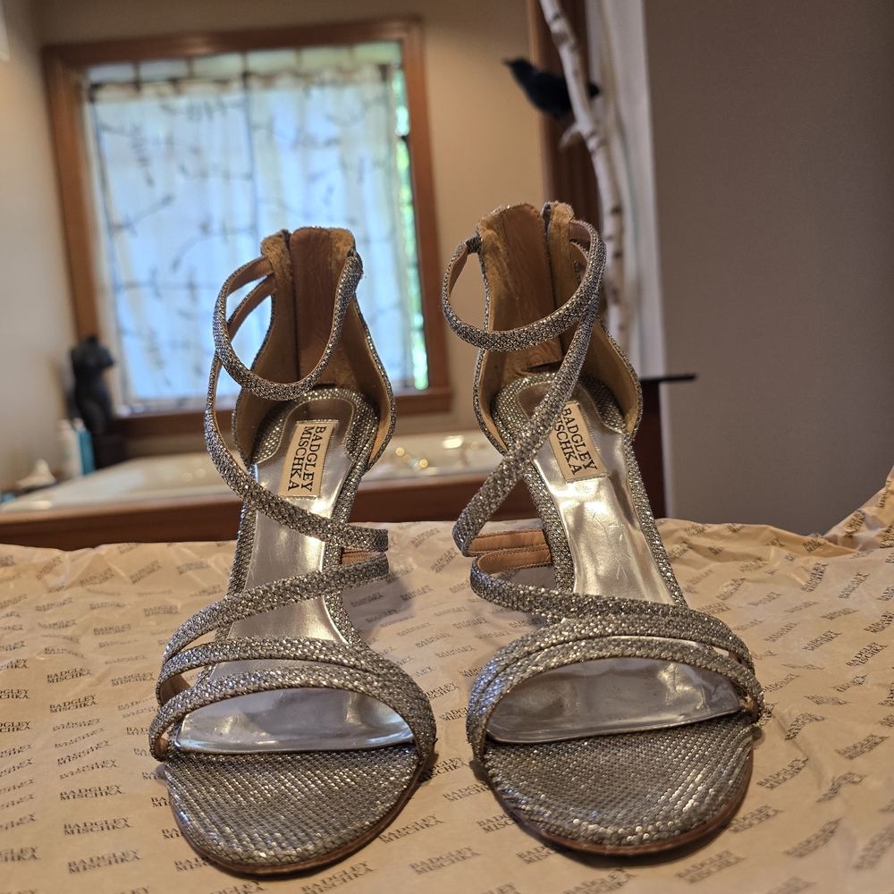 Badgley Mischka Metallic Glitter Silver Strappy Heels